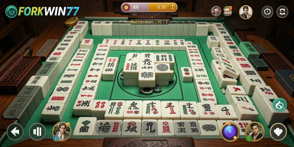 Tangkapan layar dari permainan Mahjong FORWIN77 dengan antarmuka menarik.