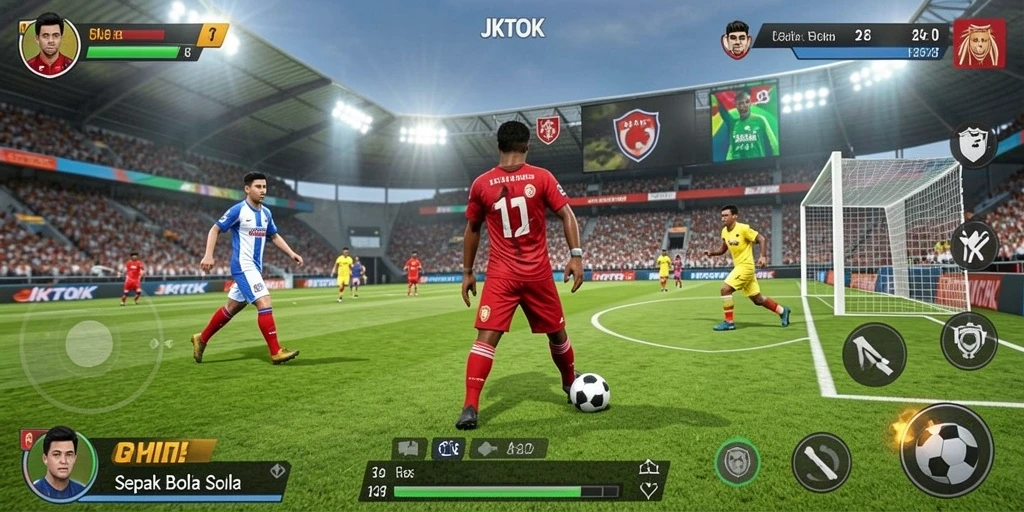 Screenshot JKTOK menampilkan gameplay seru dan memikat dalam pertandingan sepak bola.