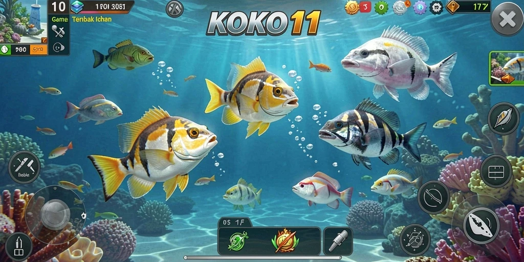 Screenshot gameplay KOKO11 menampilkan aksi seru menembak ikan.
